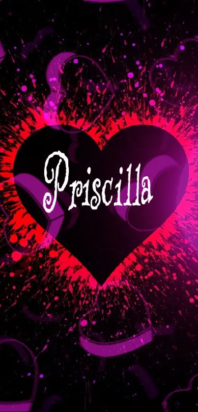 Priscilla heart splash on black mobile wallpaper.