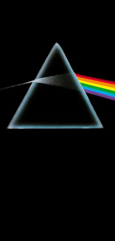 Mobile wallpaper with a prism dispersing light into a rainbow on black background.