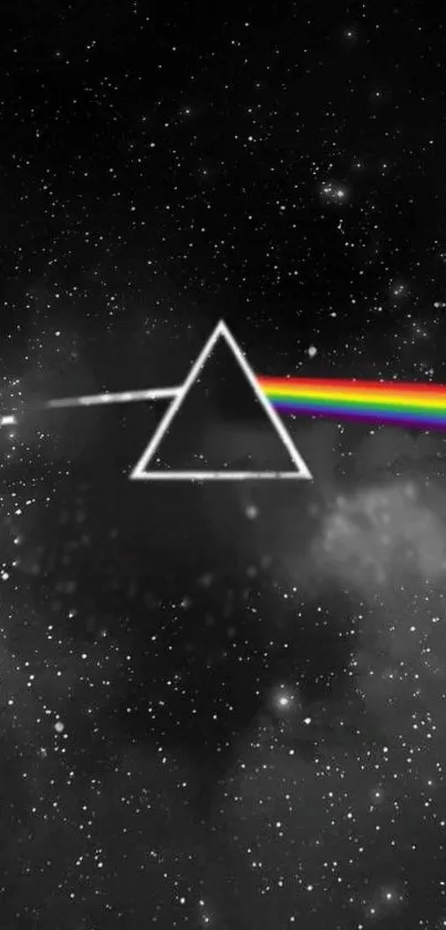 Prism dispersing a rainbow in a starry galaxy background.