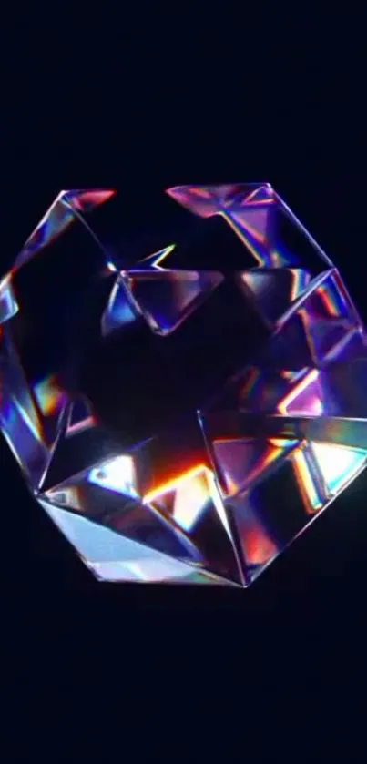 Reflective prismatic crystal on dark background, vibrant hues.