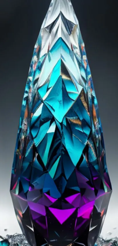 Vibrant prismatic crystal on dark background.