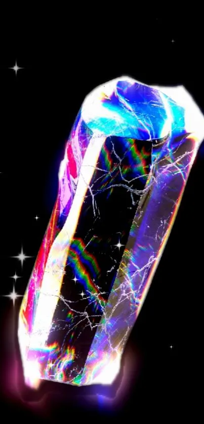 Prismatic crystal with colorful hues on a black background.