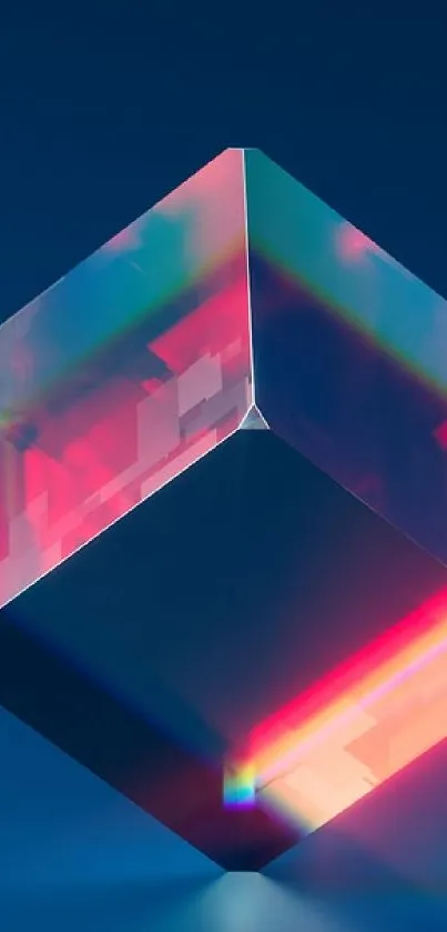 Prismatic cube with colorful light reflections on a navy blue background.