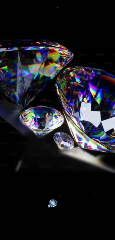 Colorful diamonds reflecting light on a black background.