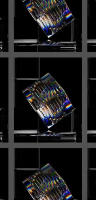 Abstract prismatic geometric art with rainbow reflections on a black background.