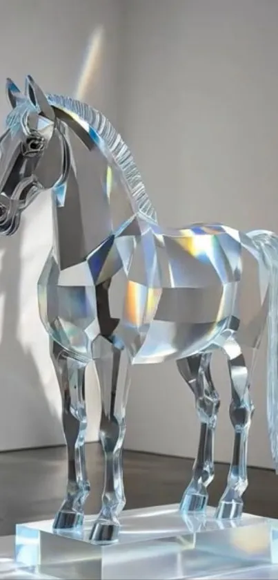 A prismatic glass horse sculpture in a gallery setting.