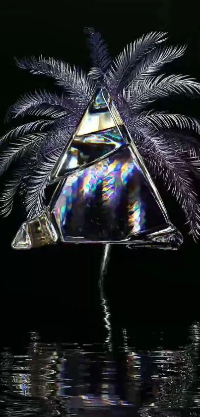 Holographic pyramid with palm tree reflection on water.