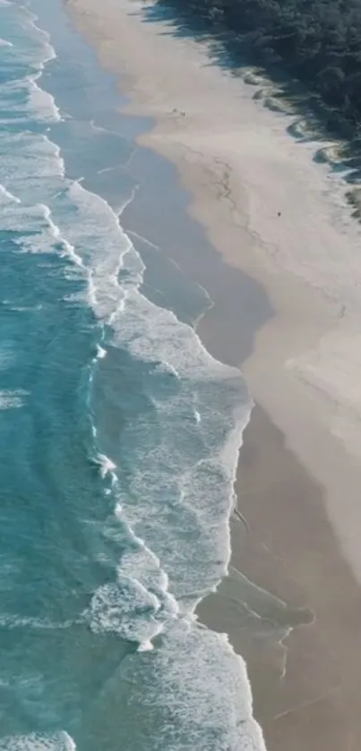 Aerial view of a pristine beach with gentle ocean waves.