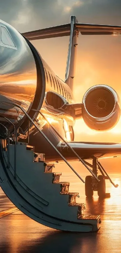 Private jet reflecting sunset on the runway.