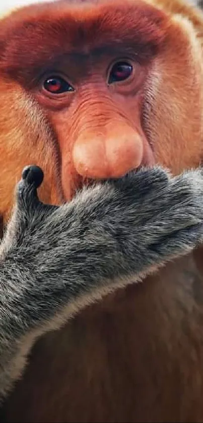 Close-up of a proboscis monkey against a natural background.