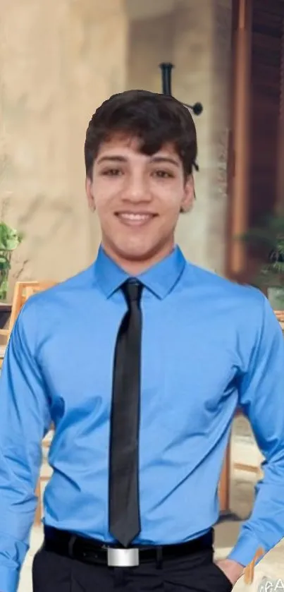 Professional portrait with a blue shirt and cafe background.