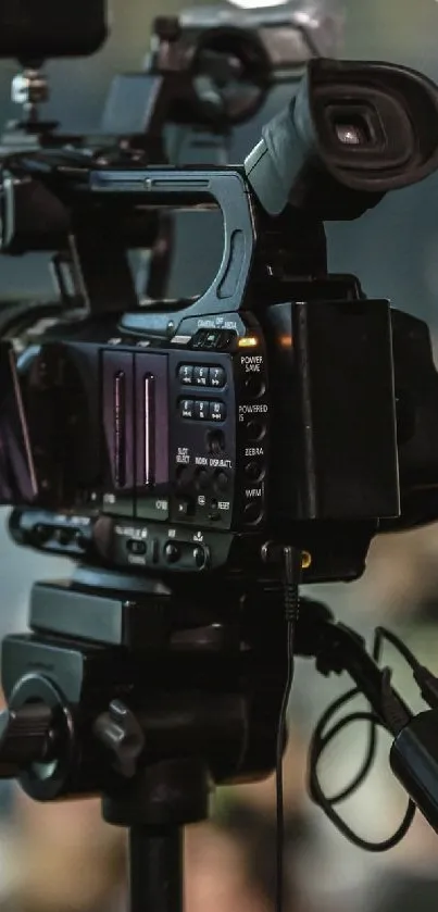 Close-up of a professional video camera in action, set against a blurred background.