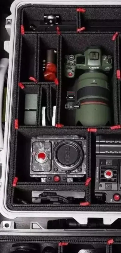 Camera equipment organized in a protective case.