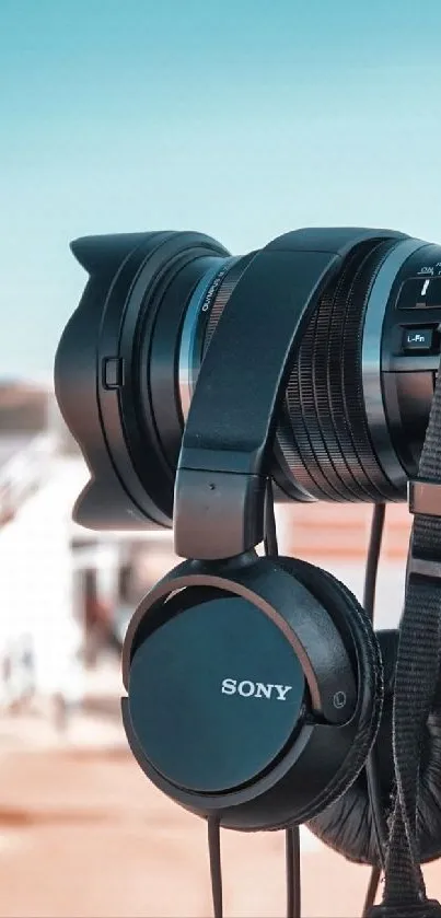 Professional camera setup capturing rooftop scene with sky background.
