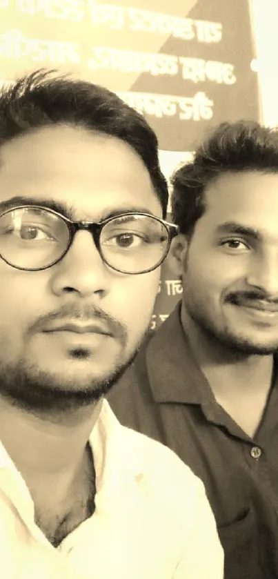 Two people at an office meeting, with a red and black backdrop for a professional theme.