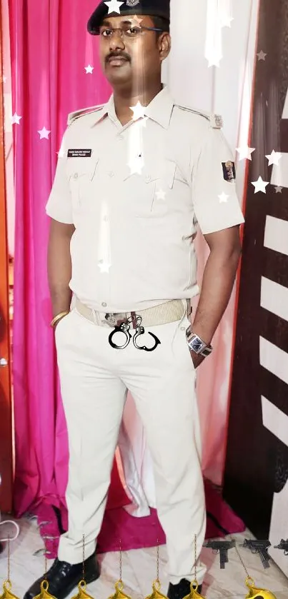 A confident officer in uniform stands against a bright pink backdrop.