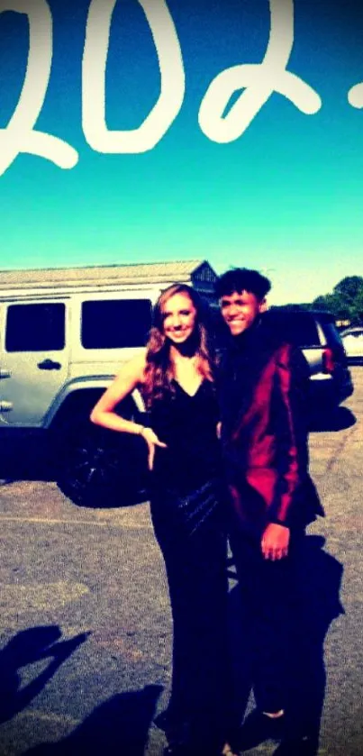 Couple at prom with 2021 writing and stylish car background.