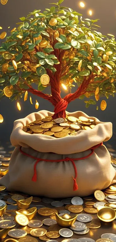 A prosperity tree with gold coins in a bag on a dark background.