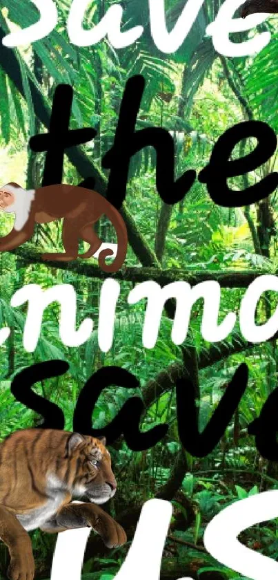 Jungle themed wallpaper with animals and conservation message.