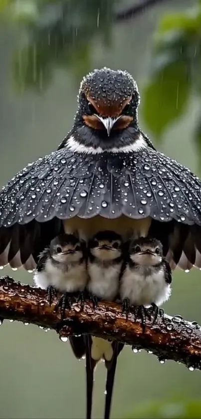 Bird with chicks under wings in rain.