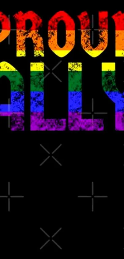 Proud Ally rainbow text on a black background mobile wallpaper.