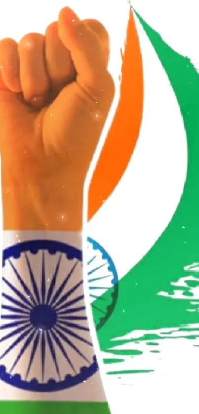 Indian Independence Day wallpaper with tricolor and fist raised in pride.