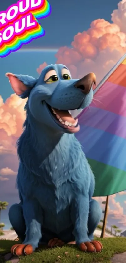 Joyful blue animated dog with rainbow flag and clouds.