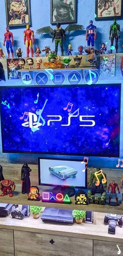 PS5 gaming room with superhero figures and vibrant decor.