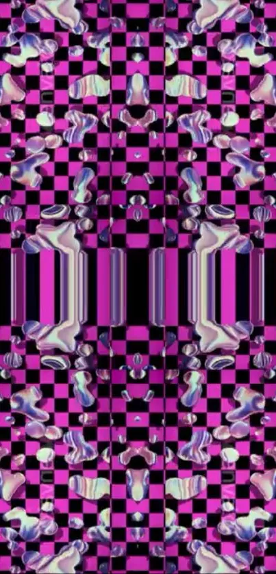 Psychedelic abstract checkered pattern in vibrant purple hues.