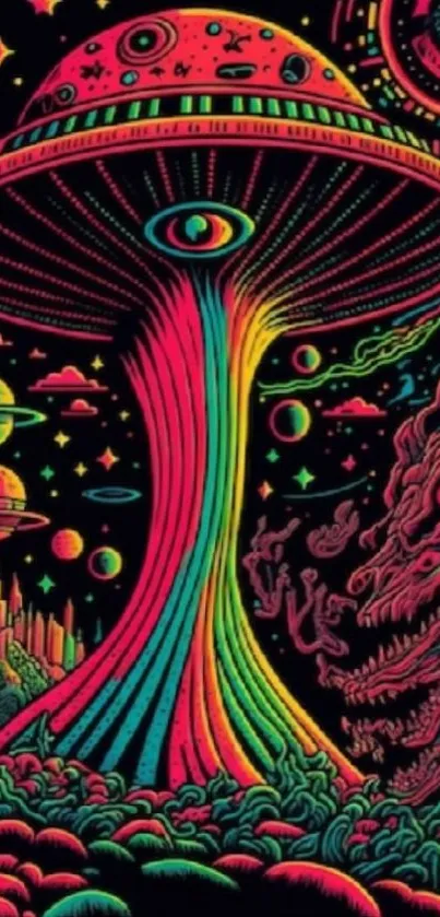 Colorful psychedelic alien art wallpaper with UFOs and planets.