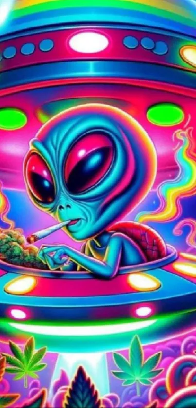 Psychedelic alien in a UFO with neon colors and cosmic elements.