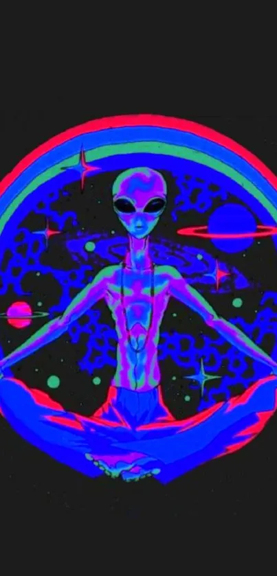 Psychedelic neon artwork of an alien meditating with cosmic elements.