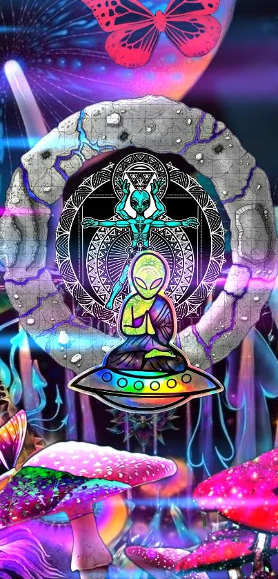 Psychedelic alien meditation wallpaper with vibrant colors and cosmic design.