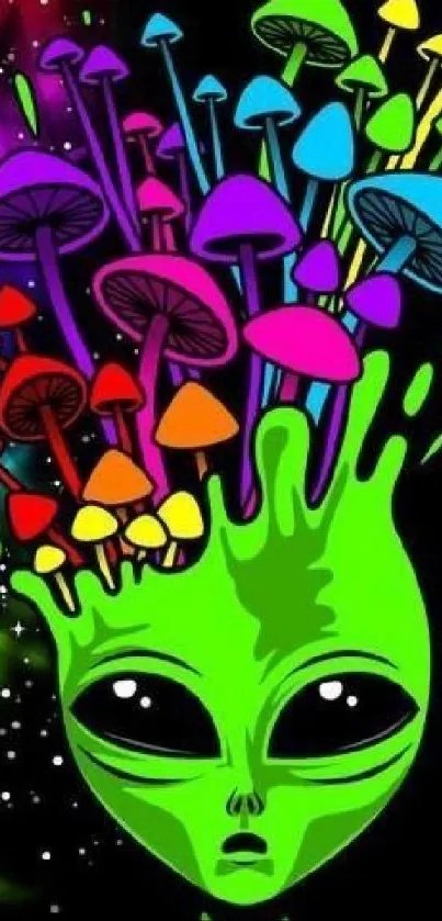 Psychedelic alien art with colorful mushrooms and vivid green tones.