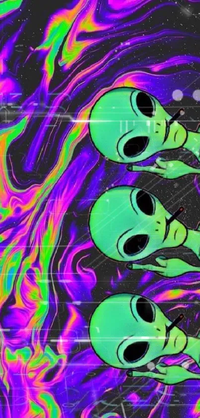 Colorful psychedelic alien wallpaper with swirling patterns.