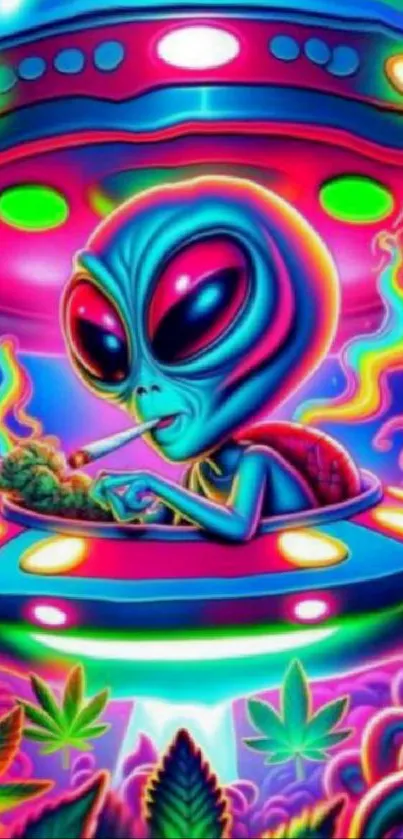 Psychedelic alien in UFO with neon colors and creative design.