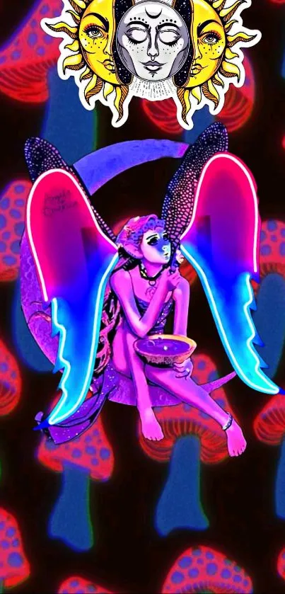 Psychedelic purple angel with neon wings and mushrooms.