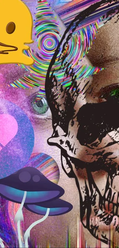 Psychedelic art wallpaper with a colorful skull and abstract elements.