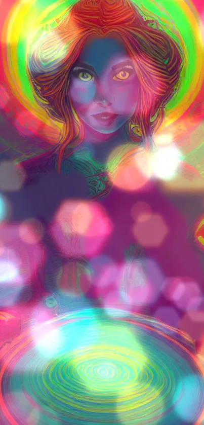 Psychedelic art wallpaper with mystical portrait and colorful patterns.