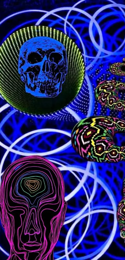 Psychedelic blue skull with vibrant snake art.