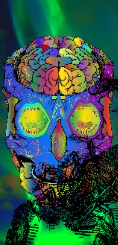 Psychedelic skull with vibrant brain design in green tones.