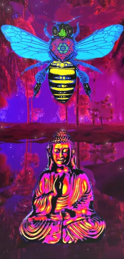 Psychedelic image of Buddha and colorful bee on a vibrant background.