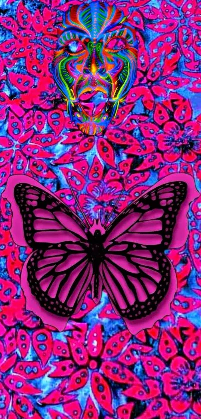 Psychedelic butterfly on pink abstract background.