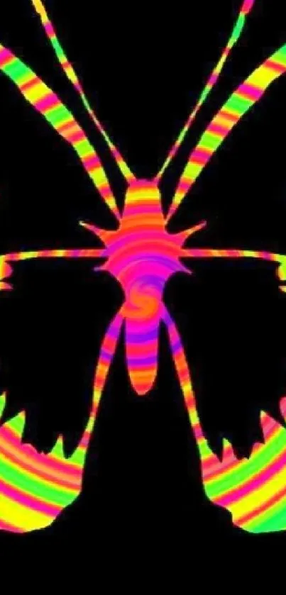 Psychedelic butterfly with neon colors on black background.