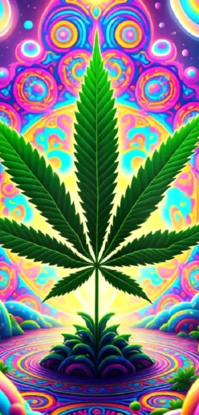 Psychedelic artwork of a cannabis leaf with vibrant colors.