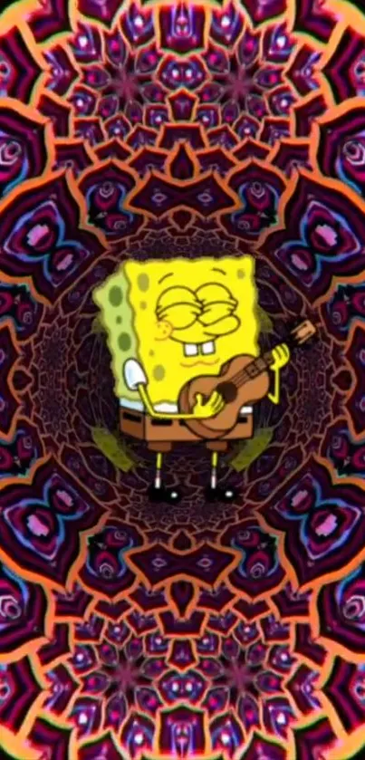 Cartoon character in psychedelic pattern, playing a ukulele.