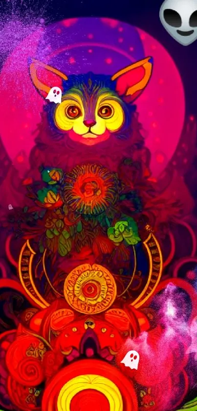 Psychedelic cat in vibrant colors with cosmic and alien elements.