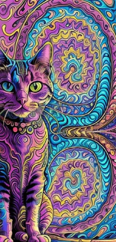 Colorful psychedelic cat with vibrant swirling patterns.