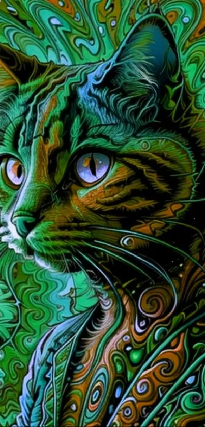 Psychedelic green cat with swirls for vibrant mobile wallpaper.