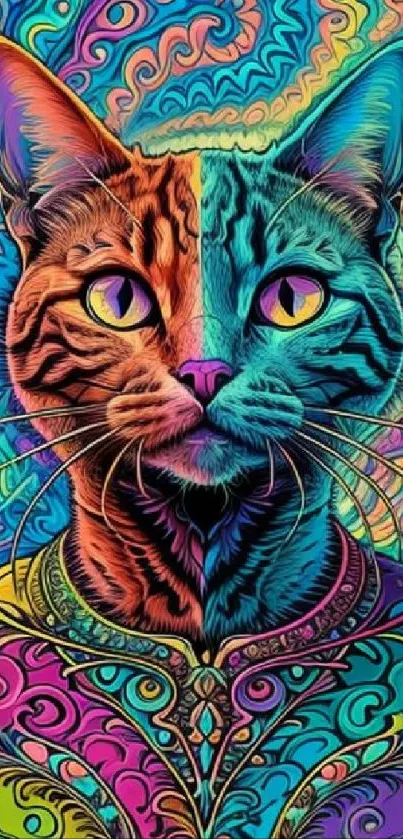 Vibrant psychedelic cat art in colorful abstract style.